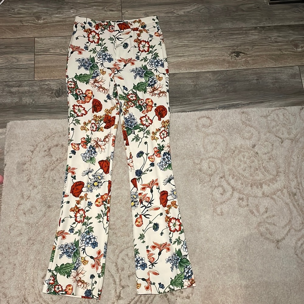 Zara Cream Floral Boot-Cut Pants with Multicolor Botanical Print
